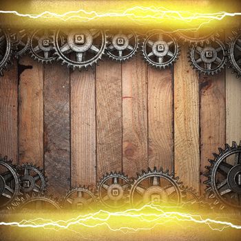 wooden background with cogwheel gears and electric lightning