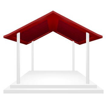 Award ceremony or presentation podium with red roof, and four pillars. This 3d gazebo or rain shelter type structure can be used for protection and coverage concepts, in addition to a product display or award and exhibition platform.
