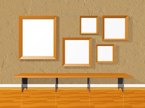 A 3D render of a art gallery scene with empty picture or photo wooden frames on a textured brown wall, and wooden floor. There is also a long table by the wall
