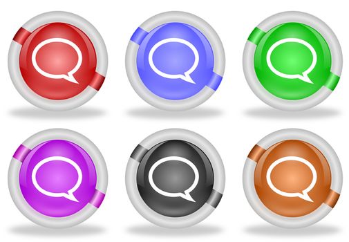 Set of chat speech bubble web icon buttons with beveled white rims in six pastel colors - red, blue, green, pink, black and brown
