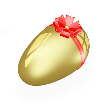 A gold Easter egg with red ribbon and a bow wrapped around it. Ideal for Easter, expensive gift or wealth concepts
