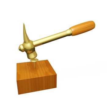 Gold hammer hammering a gold nail into a block of wood, rendered in 3d.  Can be used for construction, fixing, achieving and building concepts.
