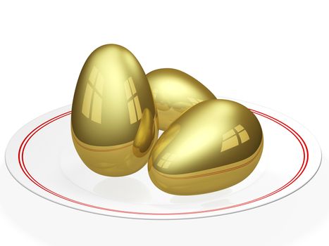 Three gold eggs kept in a ceramic dining plate. Can be used for concepts of health as well as wealth
