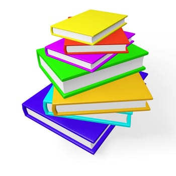 A tall stack of 3d books, hard bound in attractive vibrant colors. Can be used for learning and education concepts.  
