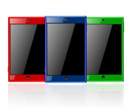 Three touch screen smart phones with blank black screens, in red blue and green color. The screens can be used as copyspace for adding text or images. 
