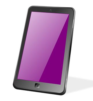 Touch screen smart phone with a pink screen tilted at an angle. The blank screen display can be used as copyspace.
