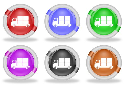Set of transportation or shipping delivery truck web icon buttons with beveled white rims in six pastel colors - red, blue, green, pink, black and brown
