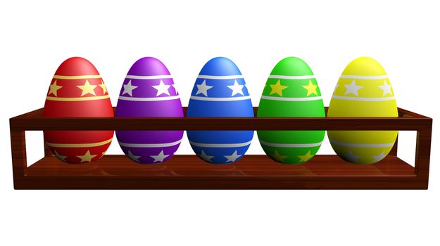 Colorful Easter eggs with stars design placed in a long wooden rack. 
