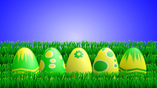 Easter illustration of a row of yellow and green painted Easter eggs lying in the grass.
