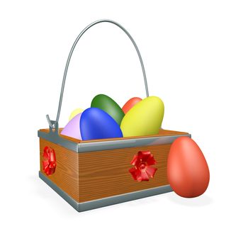 A 3D square wooden basket with steel handle, decorated with ribbon bows, filled with colorful painted Easter eggs. 
