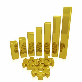 Business growth bars graph around gold mechanical gears. Ideal for business and financial presentations - such as technical growth, mechanical growth, technological advancement, profit and earnings reports. 
