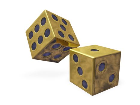 Rolling casino game dice made of gold. Can be used for casino, gambling, luck, gaming, forecasting, probability concepts.
