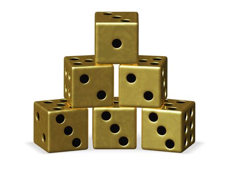 Gold casino playing dice stack arranged in a pyramid shape in increasing order, from top to bottom. Can be used for casino, gambling and winning concepts.
