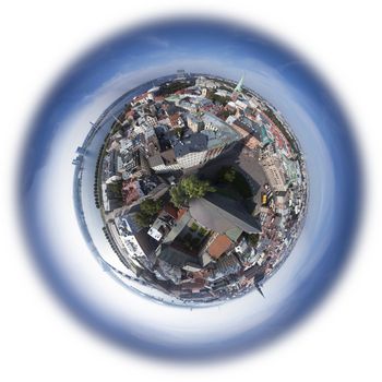 Riga old town skyline view from above, 360 degree miniplanet (Elements of this image furnished by NASA)