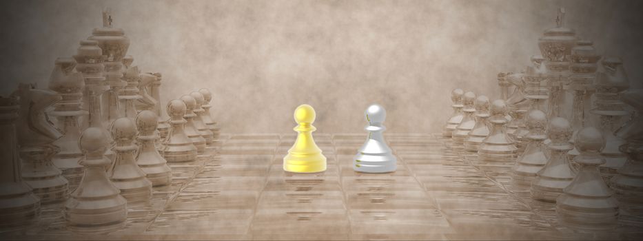 Chessboard with golden and silver pions and vintage background - 3D render