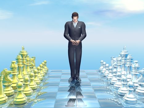 Businessman looking sad for defeat on chessboard - 3D render