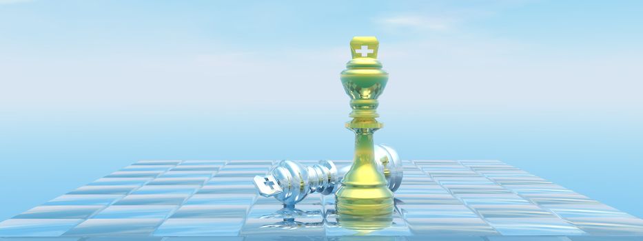 Chessboard with kings, one chackmate and blue sky - 3D render