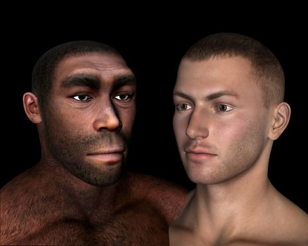 Homo erectus and sapiens comparison in black background - 3D render