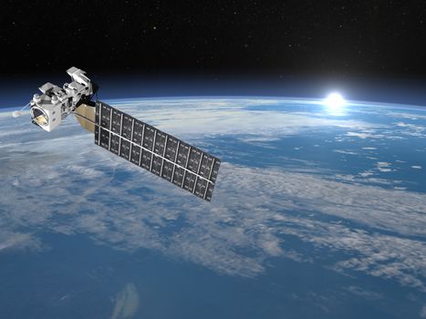 Aqua satellite in space upon earth and rising sun, elements of this image furnished by NASA - 3D render