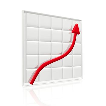 A red 3d arrow rising upwards against a 3d grid or graph chart. Ideal for depicting growth in business, finance, investment, savings and stock market.   

