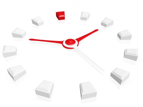 Clock face made in 3d with red needles and large white blocks used for time. Ideal for use in time and speed related concepts such as urgency, reminder, schedule, deadline etc. 
