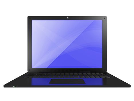 3D render of a black laptop computer, front view, with blank blue screen
