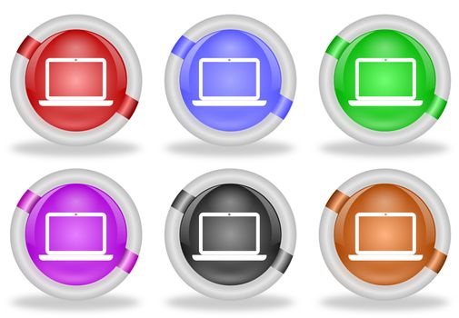 Set of laptop computer web icon buttons with beveled white rims in six pastel colors - red, blue, green, pink, black and brown
