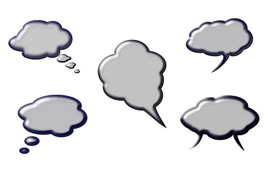 Collection of six beveled speech clouds in grey color.
