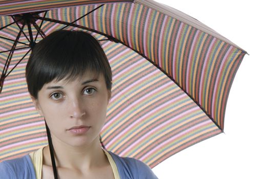 young brunette girl with umbrella, isolated