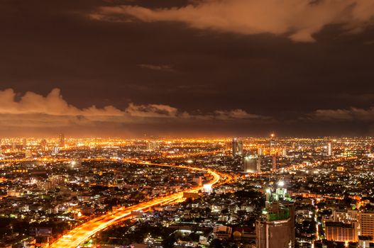 Panorama view of Bangkok city scape at nighttime Thailand
