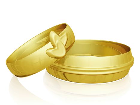 Two gold wedding bands, 3d illustration, with one band for the groom and one with heart design for the bride. Can be used for wedding, jewellery and love relationship concepts.
