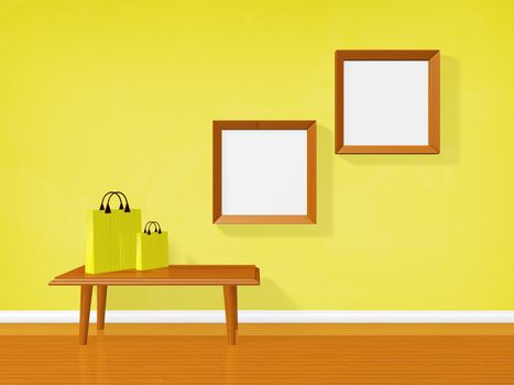 A 3d still life of shopping carry bags lying on a table in an empty room with a textured yellow wall, wooden floor and empty wood  picture photo frames hanging on the wall. Ideal for displaying shopping and sale offers, especially household and interior d�cor products.
