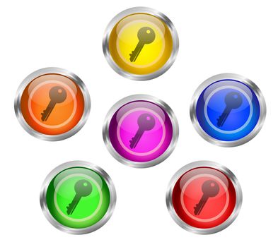 Set of shiny key round web icon buttons in six different colors - yellow, orange, red, green, pink blue, with silver or chrome metallic rim.
