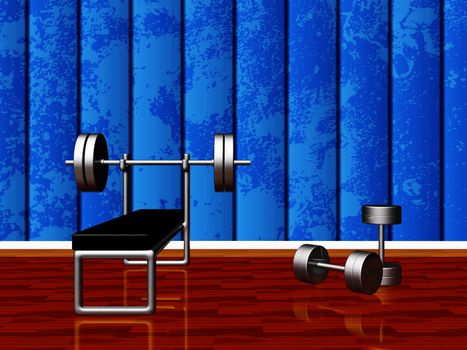 Home gym setup with a benchpress bench holding a chrome barbell and two steel dumbbells lying on the wood floor. Ideal use in training, bodybuilding, exercising and health concepts
