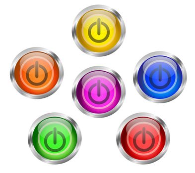 Set of shiny power round web icon buttons in six different colors - yellow, orange, red, green, pink blue, with silver or chrome metallic rim.
