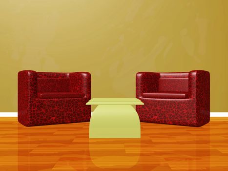Two round armchair sofas set up in an empty room, with a brown wall and dark wooden flooring, for interview or chat show, with a table in the centre. 

