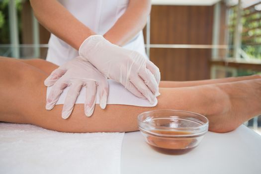 Woman getting her legs waxed by beauty therapist in the health spa