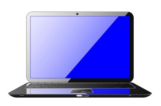 Shiny reflective black laptop illustration, with a blank blue screen as copyspace. 
