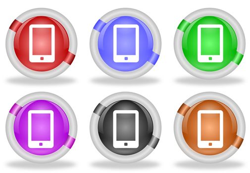 Set of  touch screen smart phone web icon buttons with beveled white rims in six pastel colors - red, blue, green, pink, black and brown
