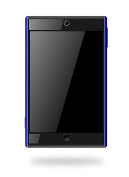 A blue and black touch screen smart phone with a blank screen. The blank display can be used as copyspace.
