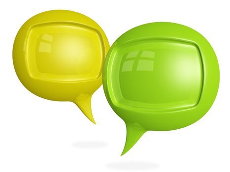 Two 3d chat or speech bubbles in green and yellow color. Ideal for chatting, customer service, feedback, communication, conversation, discussion concepts
