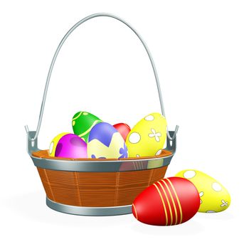 A wooden basket with steel handle full of colorful painted Easter eggs. 
