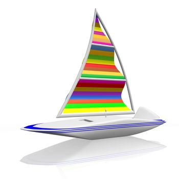 A 3d render of a wind surfing white raft or canoe, with a colorful mast sail. It can be used for beach holiday, adventure sport and extreme water sport concepts. 

