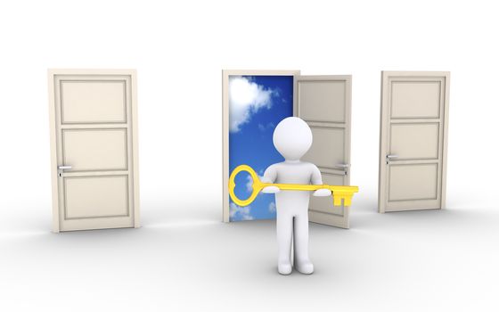 3d person holding a key is in front of doors and one leads to the sky