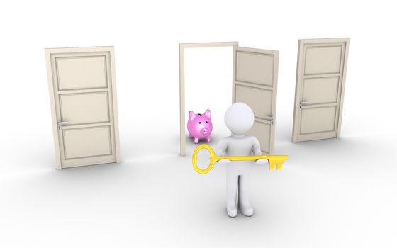 3d person holding a key is in front of doors and one leads to earnings