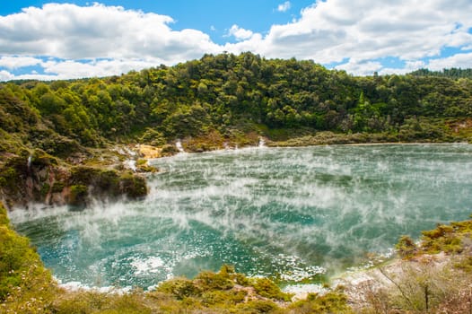 Frying pan lake is the largest hot water spring in the world. Rotorua, Waimangu geothermal area, New Zealand