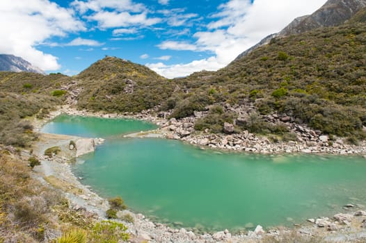 Green lake under the Mount Cook, Aoraki National Park, New Zealand. 