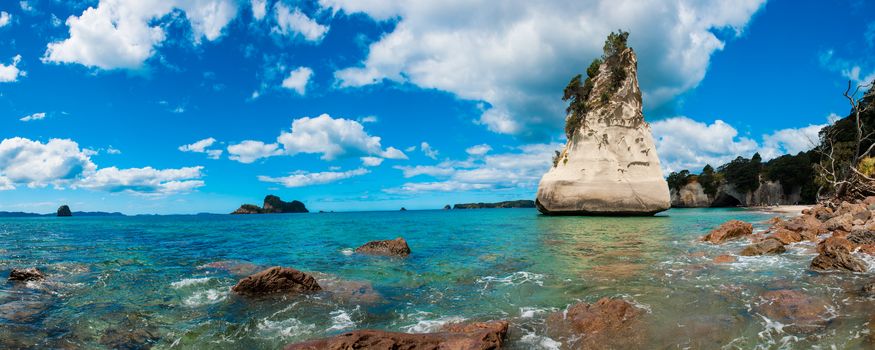 Beautiful Te Hoho Rock at Cathedral Cove Marine Reserve, Coromandel Peninsula, New Zealand. Panoramic photo