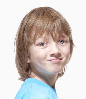 Portrait of a Boy with Blond Hair Looking - Isolated on White