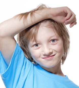 Portrait of a Boy with Blond Hair Looking - Isolated on White